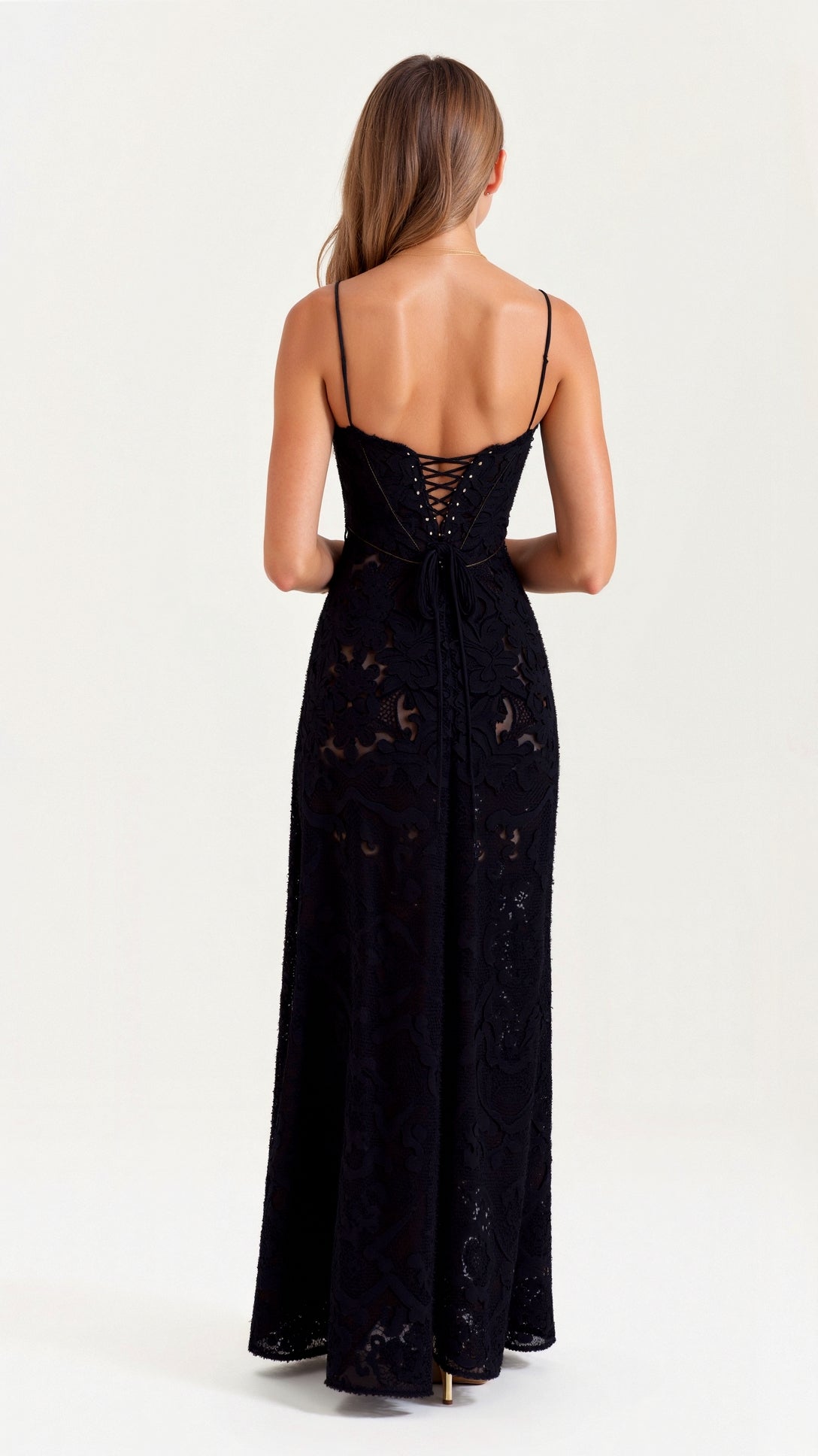 Naya Long Dress Woman – Dress with Thin Straps with Floral Embroidery and Adjustable Lace-up Back