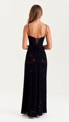 Naya Long Dress Woman – Dress with Thin Straps with Floral Embroidery and Adjustable Lace-up Back