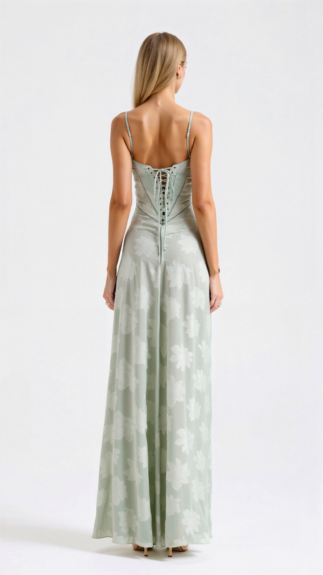 Naya Long Dress Woman – Dress with Thin Straps with Floral Embroidery and Adjustable Lace-up Back