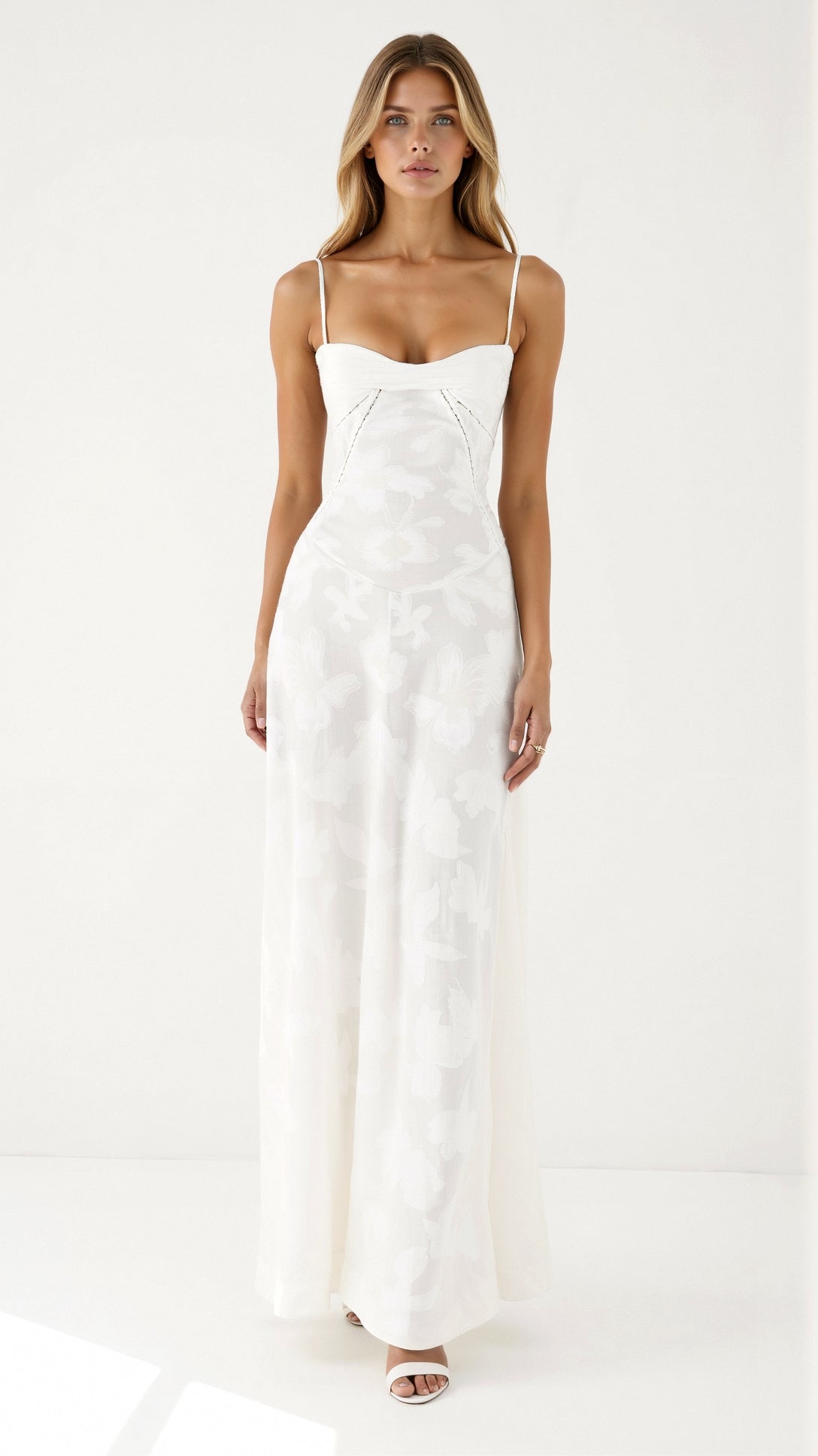 Naya Long Dress Woman – Dress with Thin Straps with Floral Embroidery and Adjustable Lace-up Back