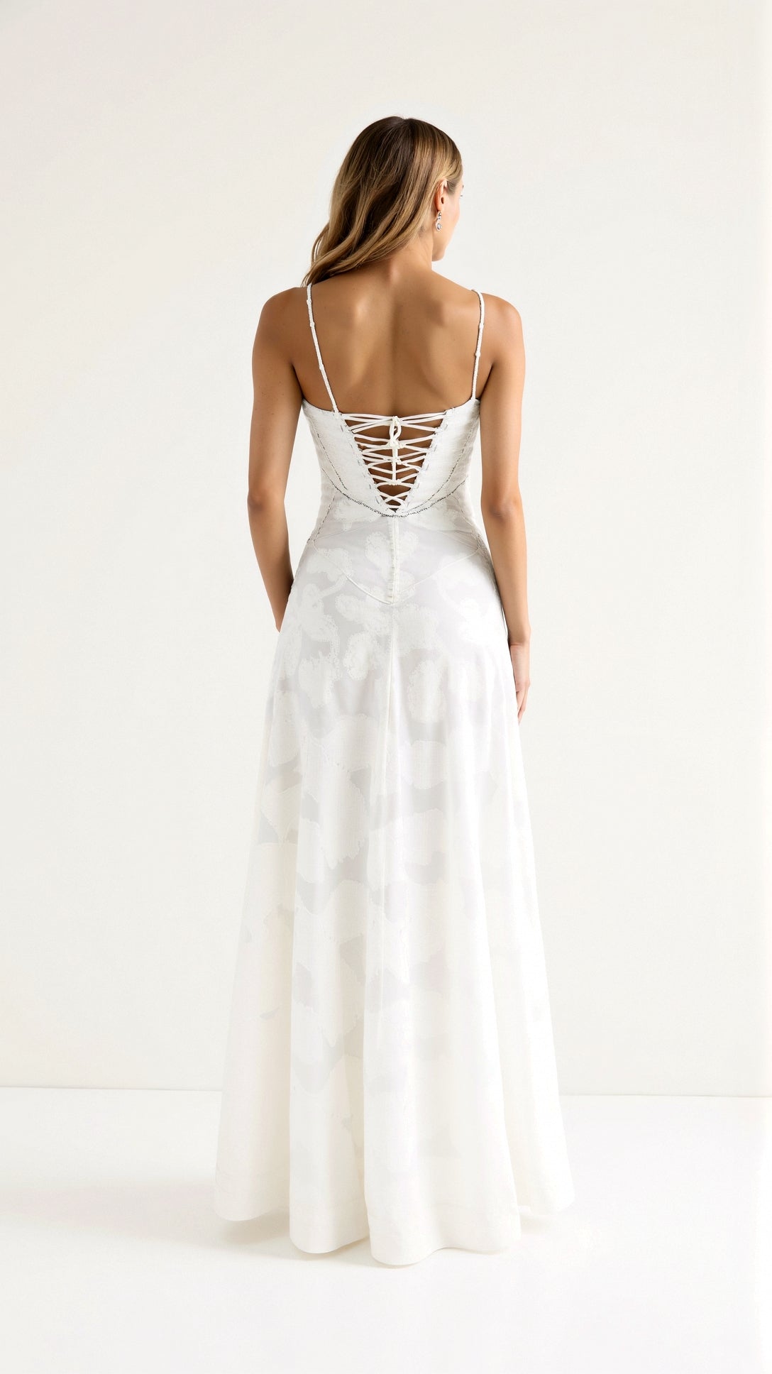 Naya Long Dress Woman – Dress with Thin Straps with Floral Embroidery and Adjustable Lace-up Back