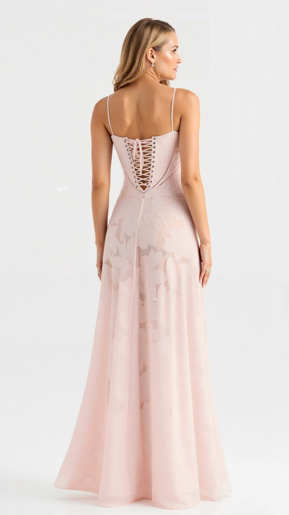 Naya Long Dress Woman – Dress with Thin Straps with Floral Embroidery and Adjustable Lace-up Back
