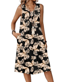 Zita Women's Dress – Sleeveless V-Neck, A-Line Midi Cut & Pleated Waist Pockets Summer