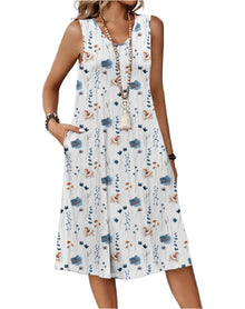 Zita Women's Dress – Sleeveless V-Neck, A-Line Midi Cut & Pleated Waist Pockets Summer