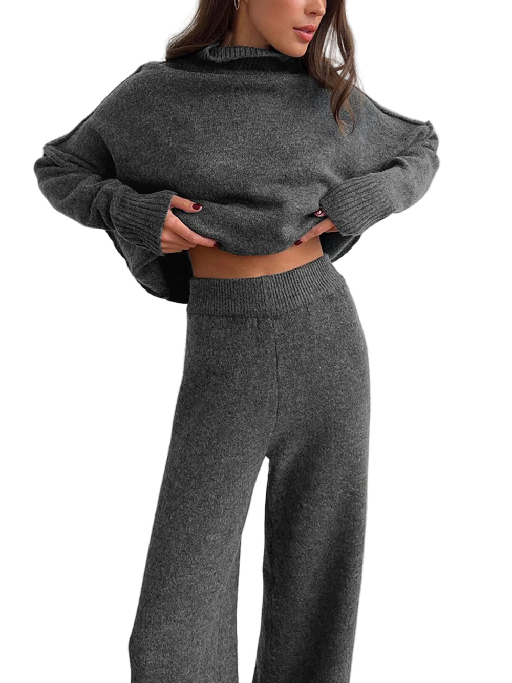 Shaina Women's Loungewear Set – Knit Turtleneck & Wide Comfortable Pants Set