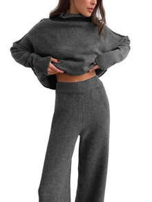 Shaina Women's Loungewear Set – Knit Turtleneck & Wide Comfortable Pants Set