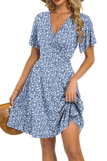 Mariselle Women's Dress – Floral V-Neck Wrap, Empire Waist & Pockets, A-Line Summer Cut