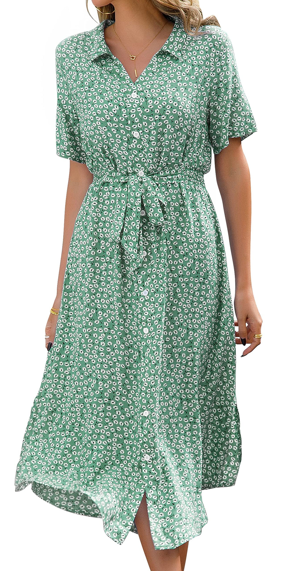 Roselle Women's Dress – V-Neck Floral, Midi Cut with Belt & Elegant Summer Slit