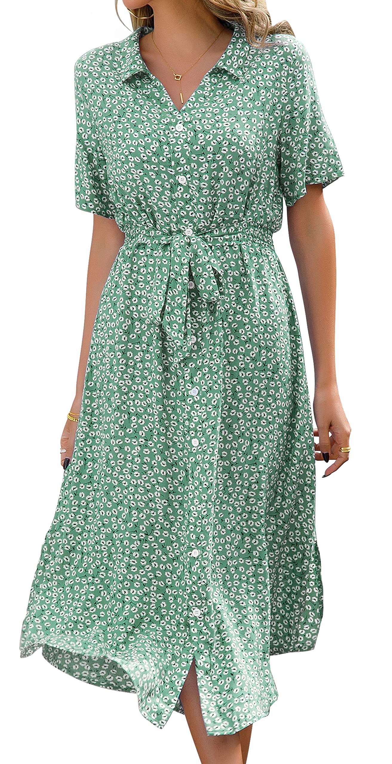 Roselle Women's Dress – V-Neck Floral, Midi Cut with Belt & Elegant Summer Slit