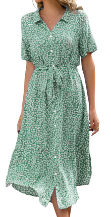Roselle Women's Dress – V-Neck Floral, Midi Cut with Belt & Elegant Summer Slit