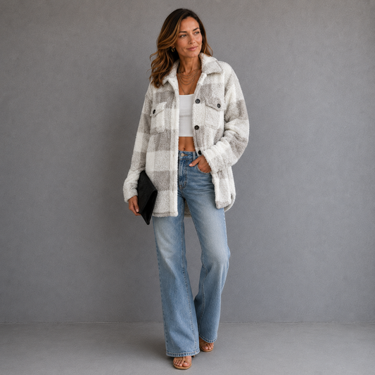 Sophie Laurent | Plush Checkered Sherpa Jacket For Women