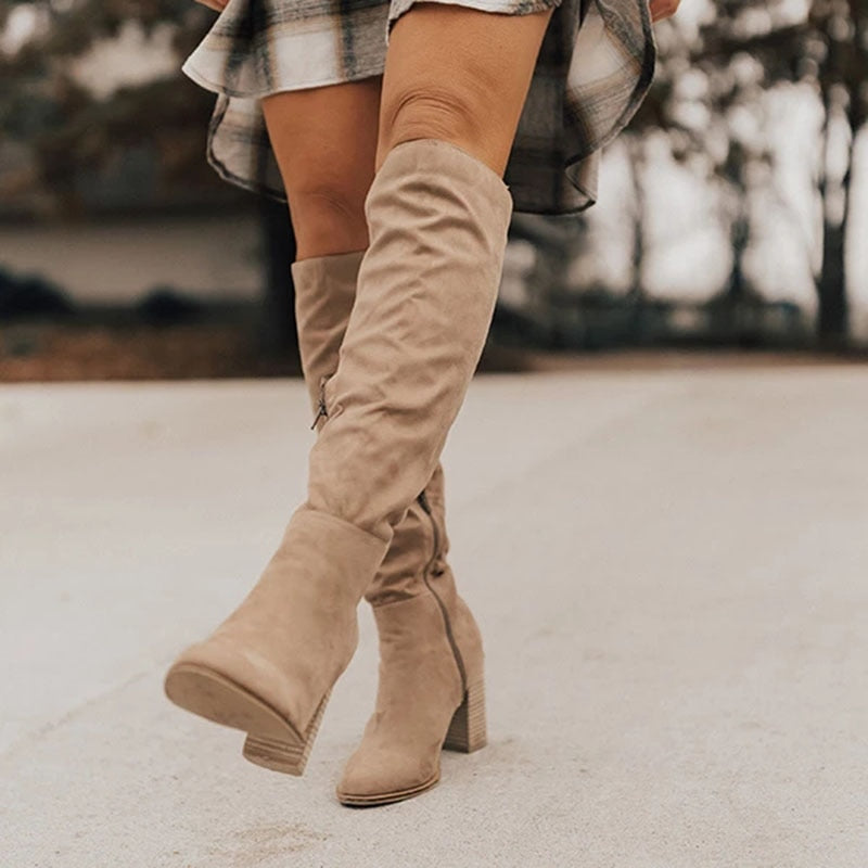 Zuri Suede High Boots Women – Elegant Thigh-High Boots with Block Heel & Comfortable Lining
