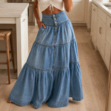 Romella – High Waisted Tiered A-Line Denim Maxi Skirt for Women