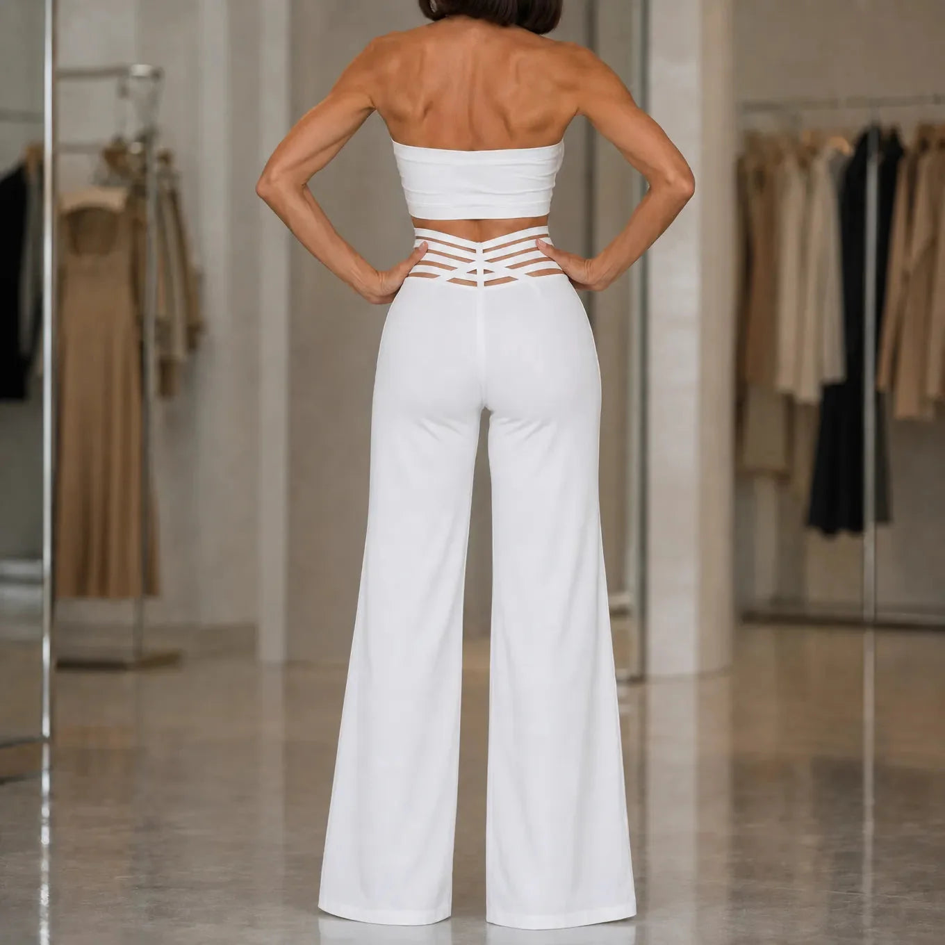 Vélane – High-Waisted Wide-Leg Pants with Cross-Strap V-Waist