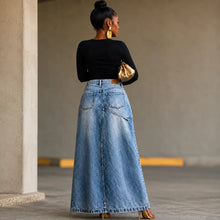 Saviera – Asymmetric Layered Denim Maxi Skirt with High Front Slit
