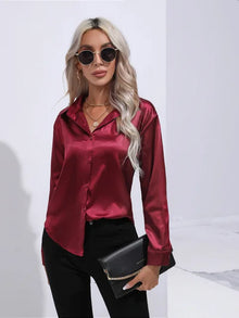 Valérie Satin Blouse Woman – Elegant Long Sleeve Shirt, Loose and Shiny Cut