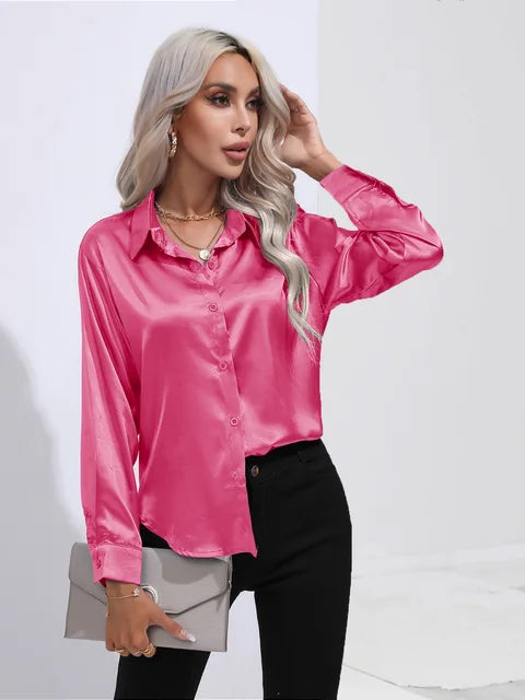 Valérie Satin Blouse Woman – Elegant Long Sleeve Shirt, Loose and Shiny Cut