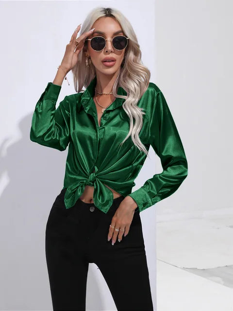 Valérie Satin Blouse Woman – Elegant Long Sleeve Shirt, Loose and Shiny Cut