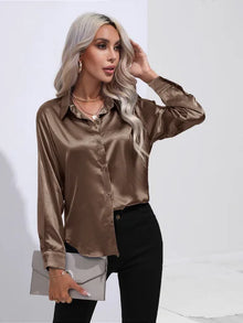 Valérie Satin Blouse Woman – Elegant Long Sleeve Shirt, Loose and Shiny Cut