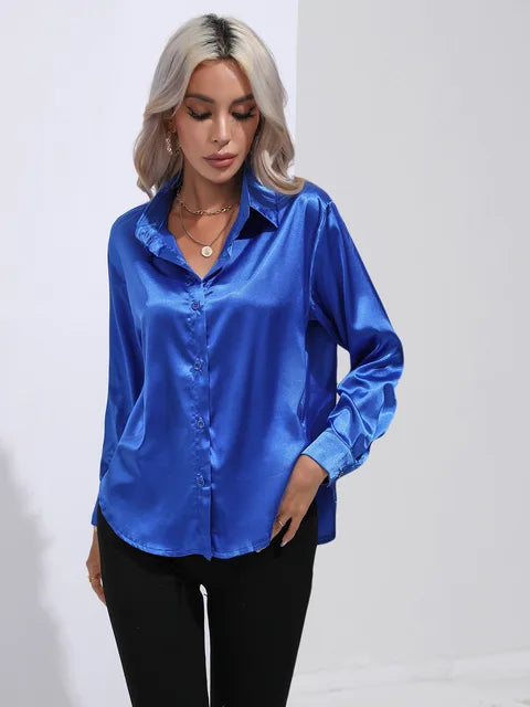 Valérie Satin Blouse Woman – Elegant Long Sleeve Shirt, Loose and Shiny Cut