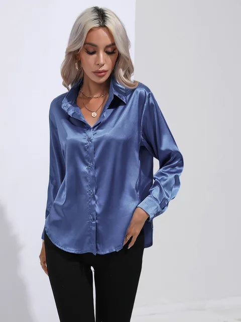Valérie Satin Blouse Woman – Elegant Long Sleeve Shirt, Loose and Shiny Cut