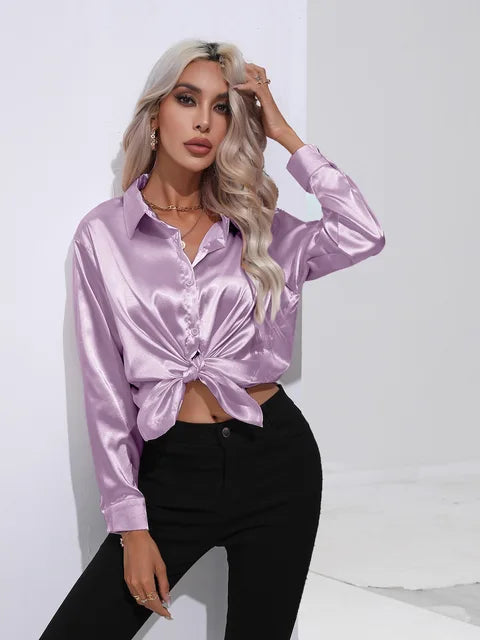 Valérie Satin Blouse Woman – Elegant Long Sleeve Shirt, Loose and Shiny Cut