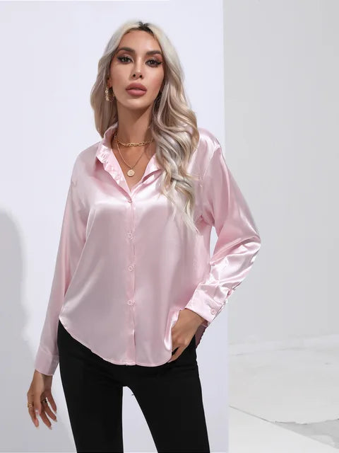 Valérie Satin Blouse Woman – Elegant Long Sleeve Shirt, Loose and Shiny Cut