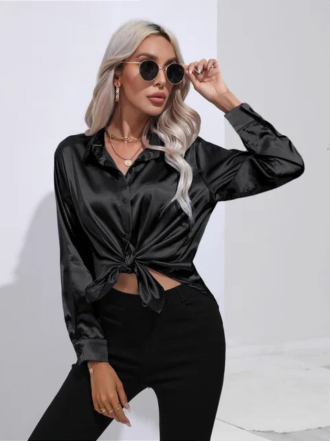 Valérie Satin Blouse Woman – Elegant Long Sleeve Shirt, Loose and Shiny Cut