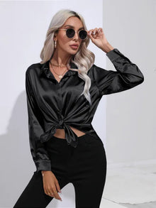 Valérie Satin Blouse Woman – Elegant Long Sleeve Shirt, Loose and Shiny Cut