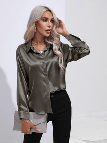 Valérie Satin Blouse Woman – Elegant Long Sleeve Shirt, Loose and Shiny Cut