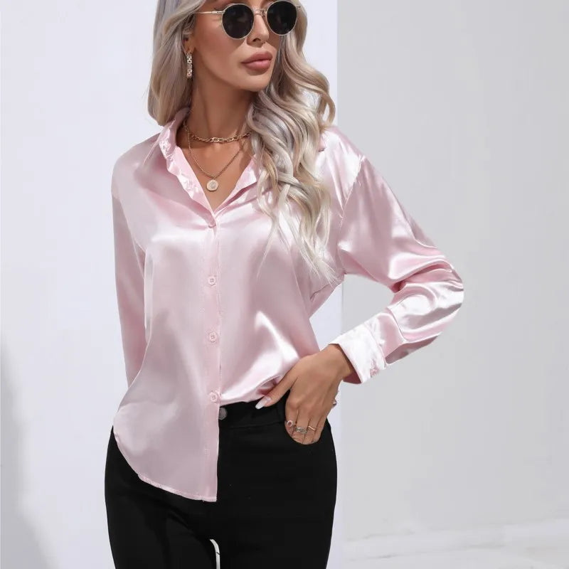 Valérie Satin Blouse Woman – Elegant Long Sleeve Shirt, Loose and Shiny Cut