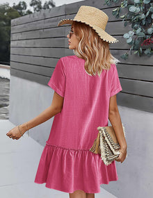 Trixie Women's Dress – Buttoned V-Neck, Cotton Linen Loose Fit & Ruffled Hem Summer