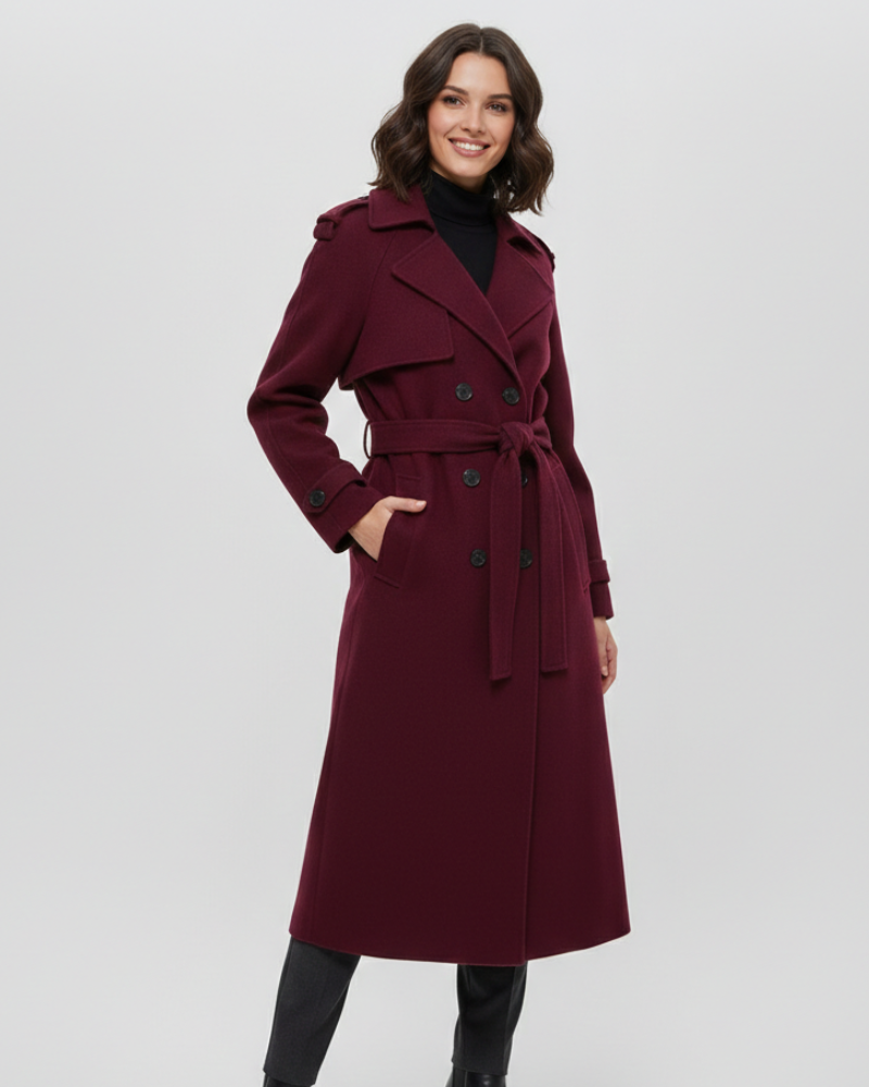 Imani Women's Winter Coat Burgundy – Belted, Double-Breasted & Classic Elegance
