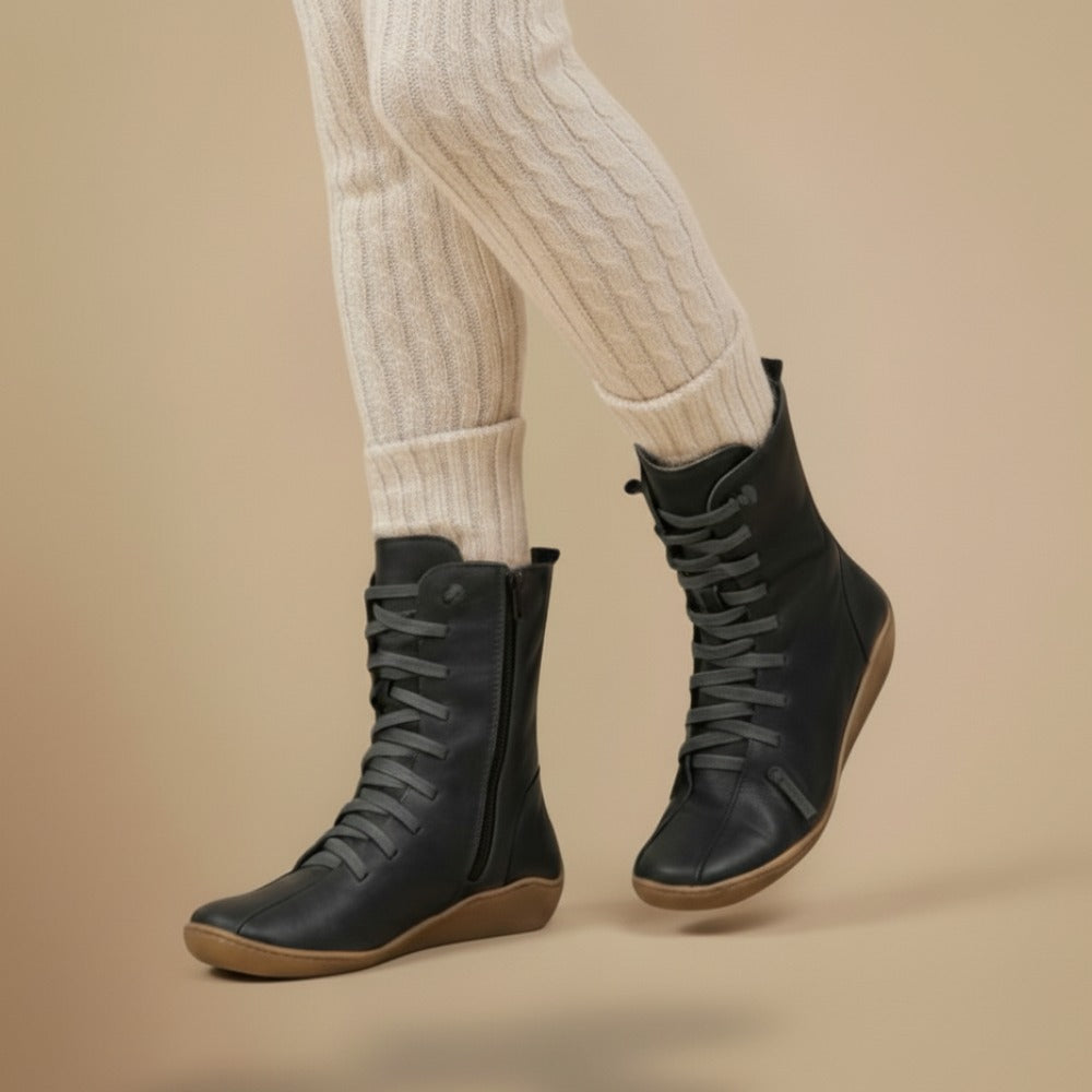 Melly Women's Mid-Calf Boots – Retro Lace-Up Boots with Zipper Closure & Flat Sole