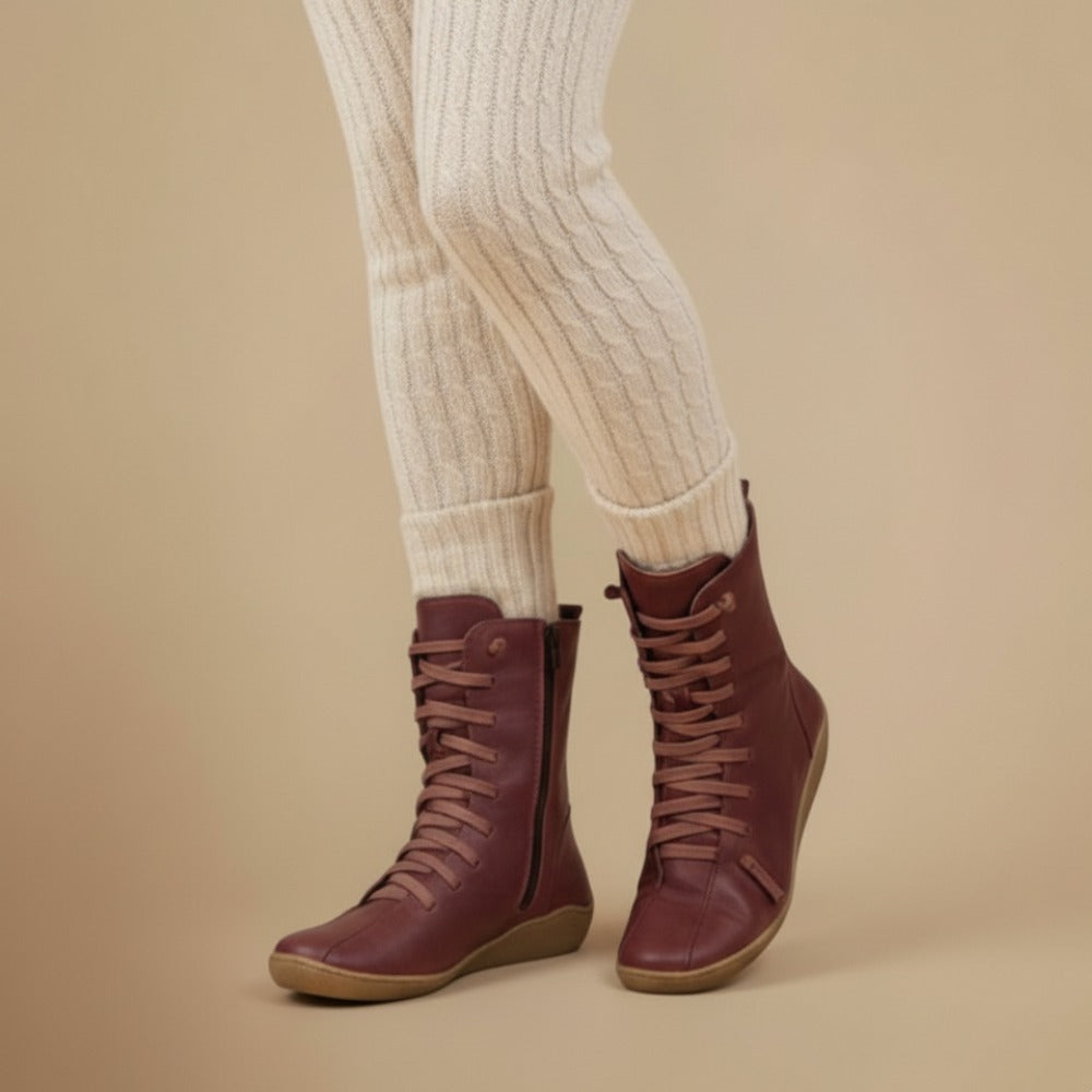 Melly Women's Mid-Calf Boots – Retro Lace-Up Boots with Zipper Closure & Flat Sole