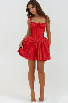 Syra Short Dress Woman – Satin Corset Dress with Flared Babydoll Skirt & Lace Finishes