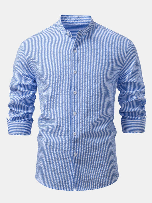 Striped Seersucker Shirt with High Collar