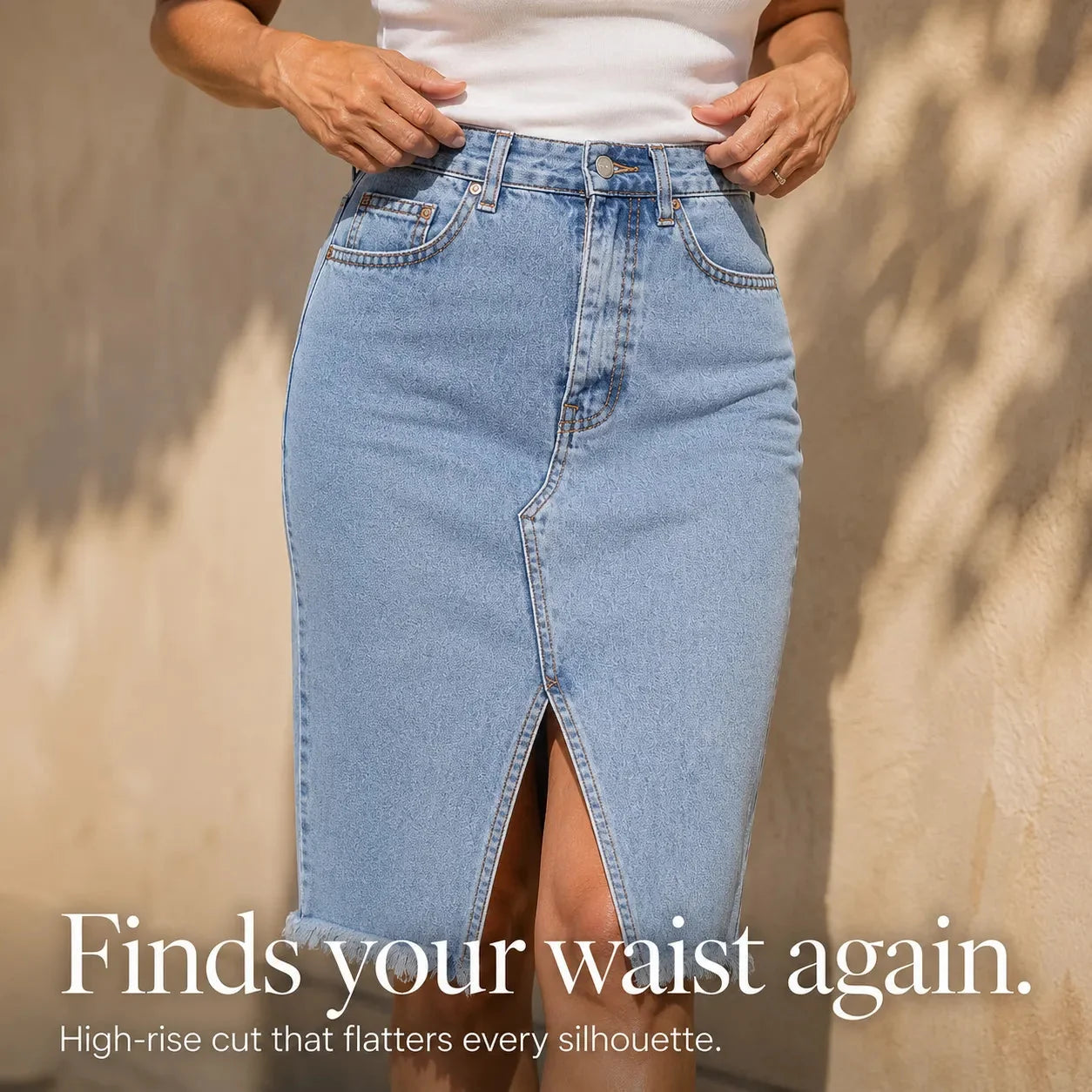 Marivel – High Waisted Denim Midi Skirt with Front Slit and Frayed Hem