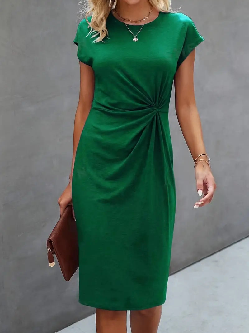 Camilla Midi Dress for Women – Elegant Dress with Twisted Front, Short Sleeves & Flowing Fit