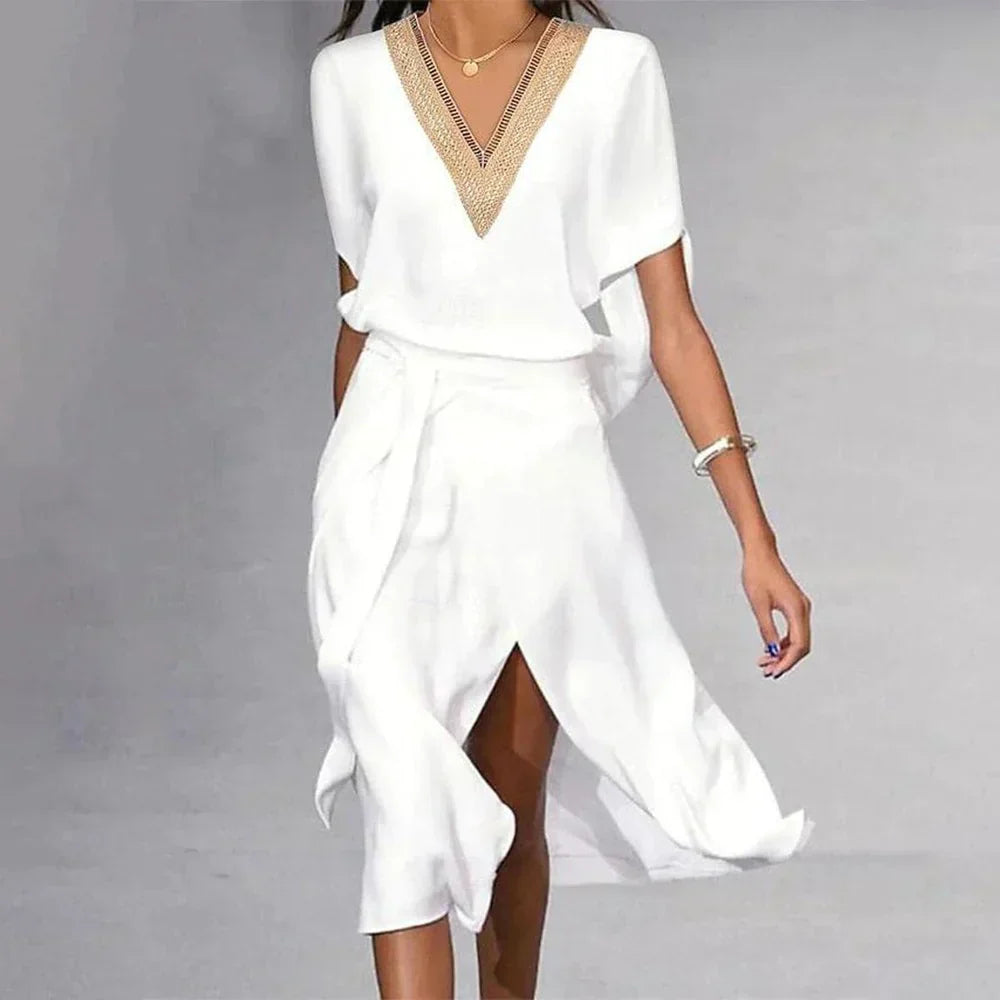 Isabella Robe Midi Femme – Elegant White Dress with V-Neck & Timeless Minimalist Design