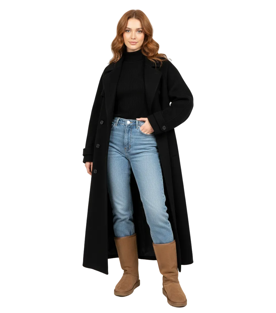 Inka Women's Long Oversized Coat – Double Breasted & Elegant Notched Collar