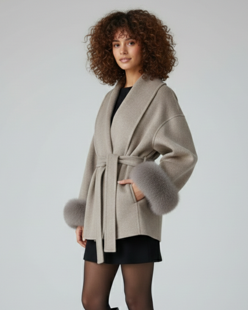Galea Dea Studios Women's Coat – Wool Coat with Shawl Collar, Belt & Faux Fur Cuffs