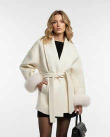 Galea Dea Studios Women's Coat – Wool Coat with Shawl Collar, Belt & Faux Fur Cuffs