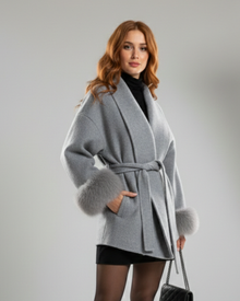 Galea Dea Studios Women's Coat – Wool Coat with Shawl Collar, Belt & Faux Fur Cuffs