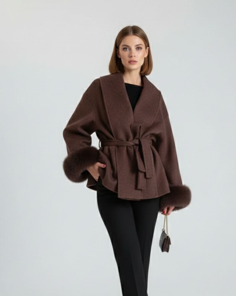 Galea Dea Studios Women's Coat – Wool Coat with Shawl Collar, Belt & Faux Fur Cuffs