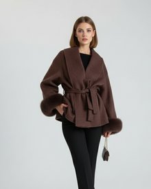 Galea Dea Studios Women's Coat – Wool Coat with Shawl Collar, Belt & Faux Fur Cuffs