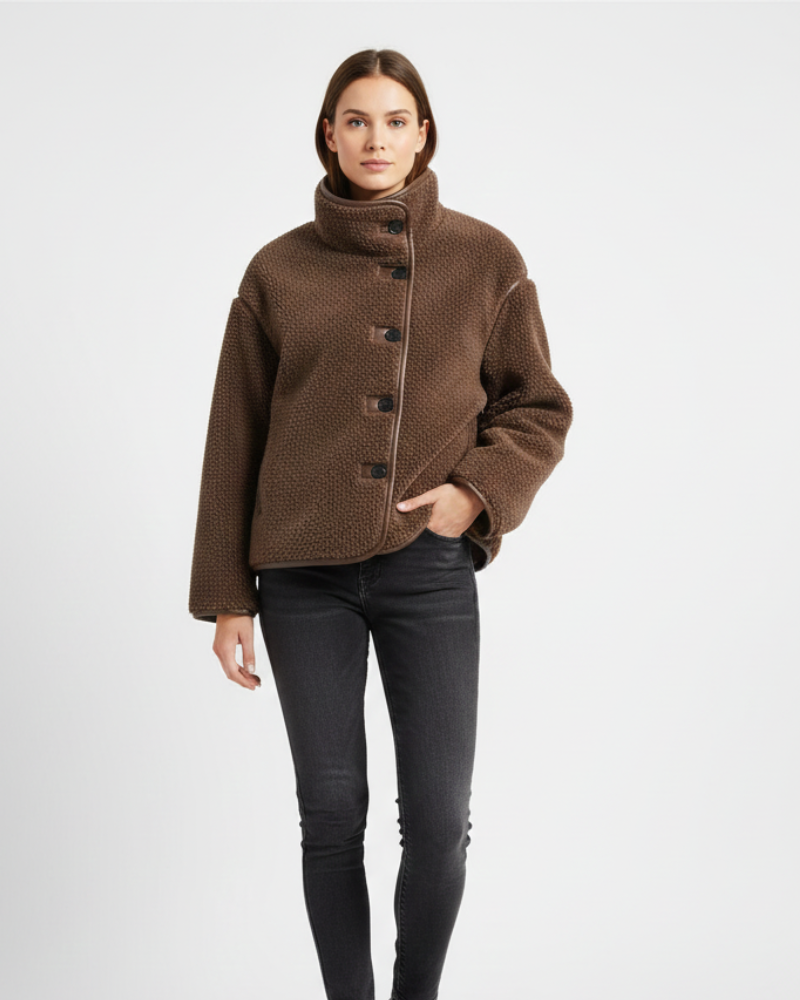 Yllana Elegant Women's Fleece Jacket – Stand Collar & Button Closure for Autumn and Winter