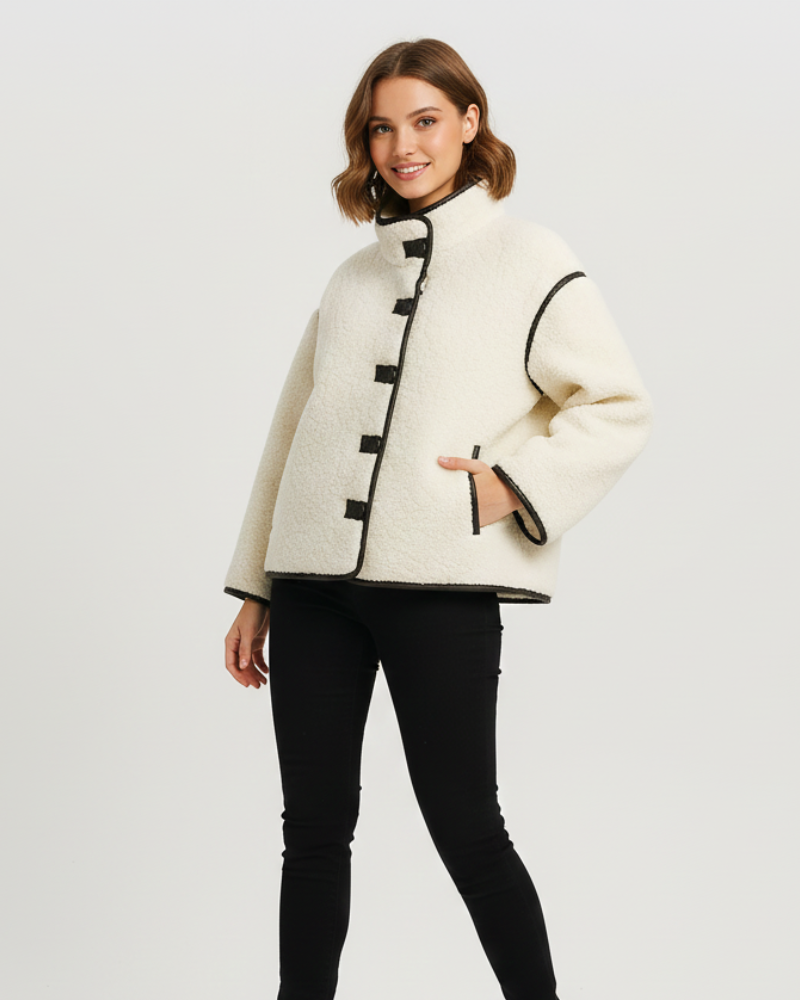 Yllana Elegant Women's Fleece Jacket – Stand Collar & Button Closure for Autumn and Winter