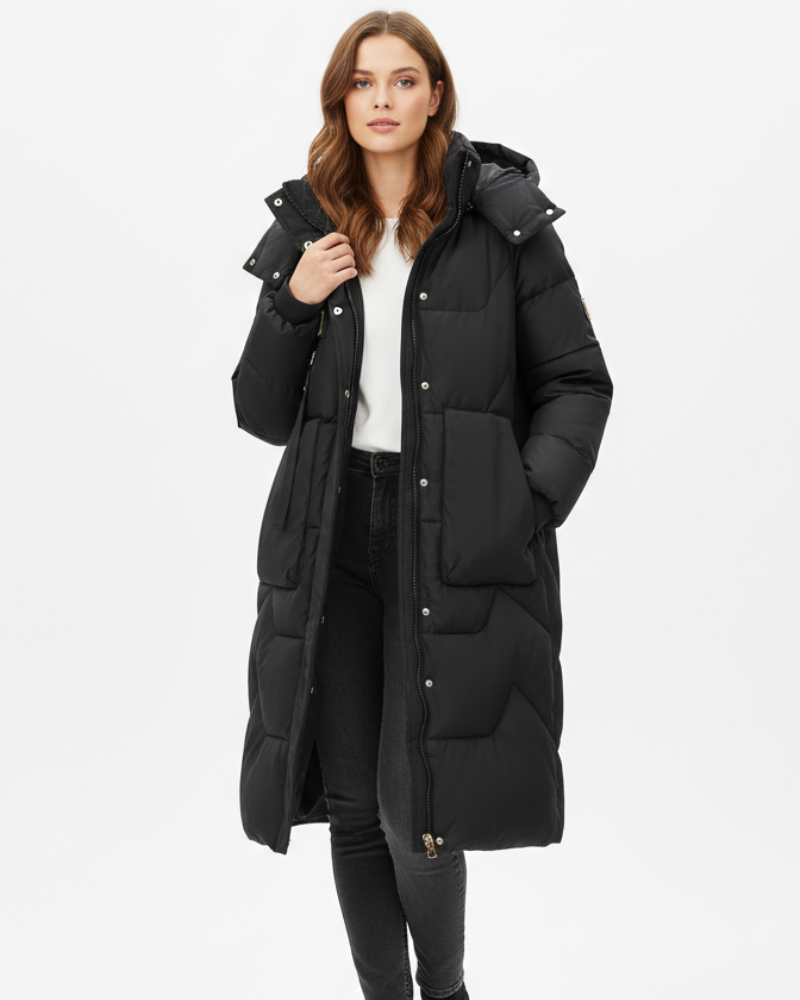 Diana Women's Long Puffer Coat – Oversized Fit, Warm Hood & Winter Style