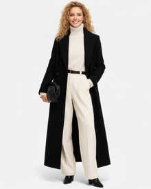 Isolde Long Black Coat for Women – Elegant Fit with Classic Lapel Collar & Chic Buttoning